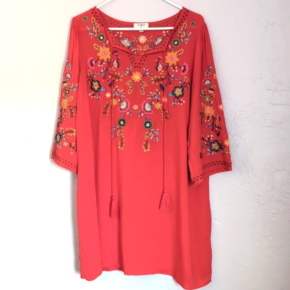 Umgee Tops - Umgee Red Peasant Embroidered Tunic Top Mini Dress Women's Size Small
